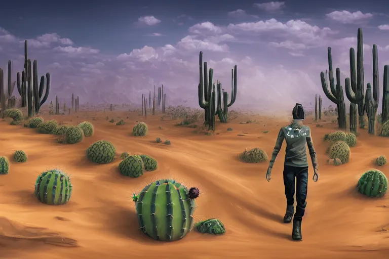 Image similar to a photo of a dystopian desert with loots of Cacti, sandy colours, sandy green, sandy, sandy beige, sobbing sad black silhouette of a person, cantered, by Cyril Rolando, trending on DeviantArt, desolated, dark, 8k resolution, rendered in Zbrush