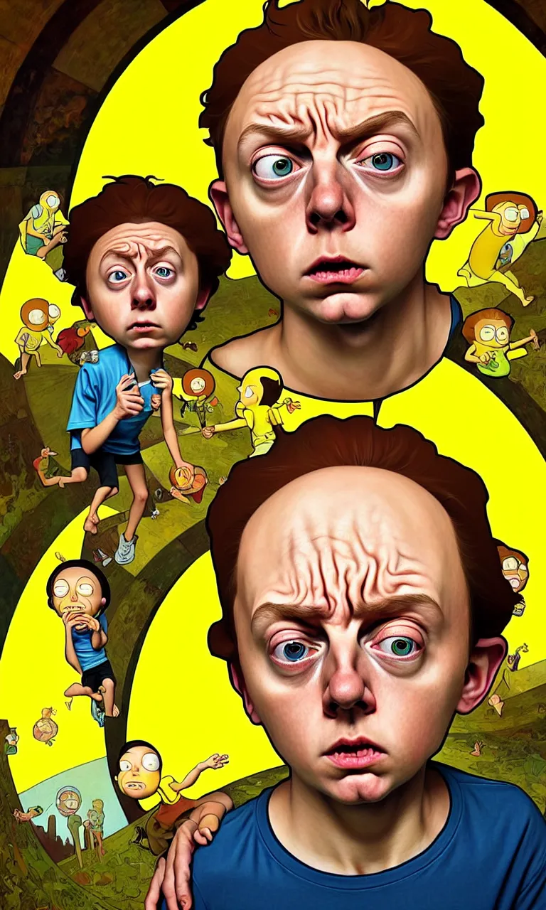 Prompt: hyper realistic portrait of an very young 1 2 yr dumb roundheaded round head morty, from rick and morty, worried, yellow t - shirt, portal in the background, by lee bermejo, alphonse mucha and greg rutkowski