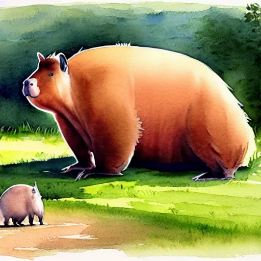 Prompt: a beautiful watercolor painting of an enormous capybara, by Antonio Guidotti, ghibli studio, detailed, matte art, trending on artstation,