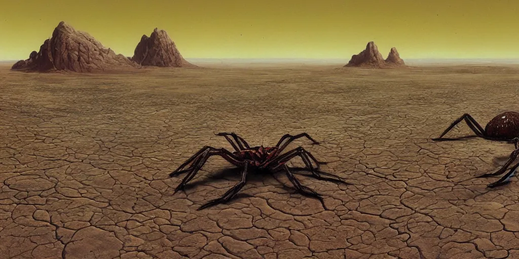 Image similar to remains of a gigantic extraterrestrial spider in the desert, beautiful matte painting of a science-fiction planet, Moebius, Roger Dean, Arstation, Arstation, Artstation