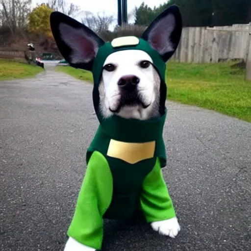 Image similar to a dog named Loki that is dressed like Loki