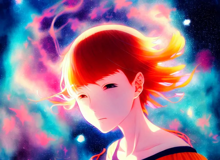 Image similar to anime portrait of a young girl floating inside a nebula, Karolis Strautniekas,omoide emanon, tsuruta kenji, murata range,kawaii, kyoto animation, manga, intricate, detailed, studio lighting, orange red black white, gradation,editorial illustration, matte print, Ilya Kuvshinov