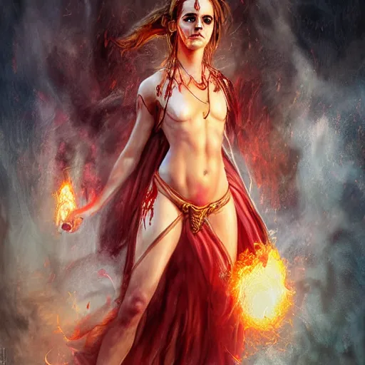 Image similar to emma watson as the goddess of hell, hot, hyper detailed, illustration, hyper realistic, blood, fire, dramatic lighting, cinematic, hell, full body portrait by steve henderson