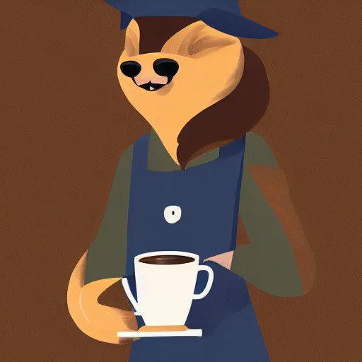 Image similar to an anthro wolf wearing a barista outfit pouring a cup of coffee in a cafe, soft lighting, digital painting