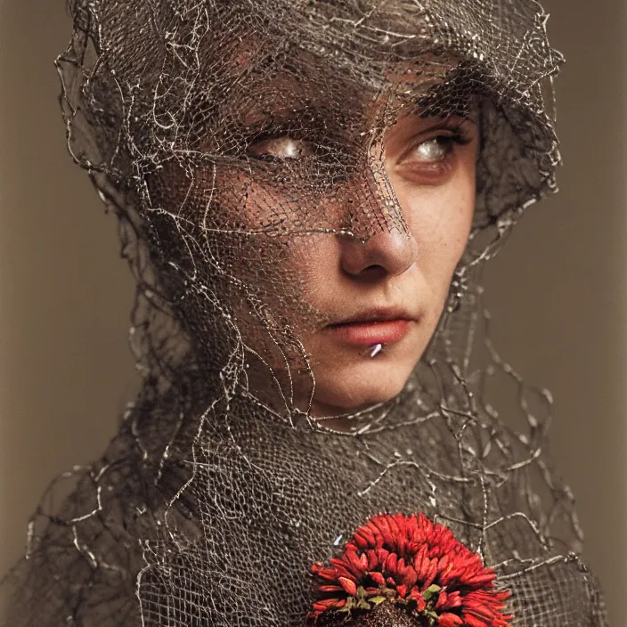 Prompt: a closeup portrait of a woman wearing a hood made of wire and zinnias, in an abandoned office building, by vincent desiderio, canon eos c 3 0 0, ƒ 1. 8, 3 5 mm, 8 k, medium - format print