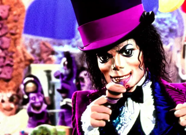 Image similar to film still of Michael Jackson as Willy Wonka in Willy Wonka and the Chocolate Factory 1971