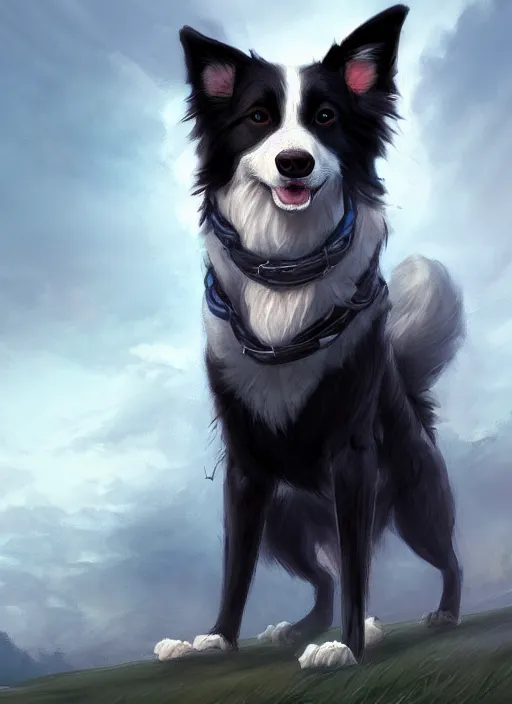 Image similar to wide angle full body portrait of a cute male anthropomorphic border collie fursona wearing a jacket in front of a park, by charlie bowater, henry asencio, and ross tran, furaffinity, scenic background, intricate, elegant, beautiful, fantasy, highly detailed, trending on artstation