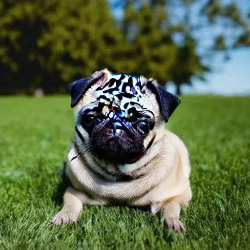 Prompt: still image of an adorable pug sitting in the grass while wearing a frog shaped hoodie, professional photo, 26mm, f1.5, clear blue sky, sunny day, iso 50