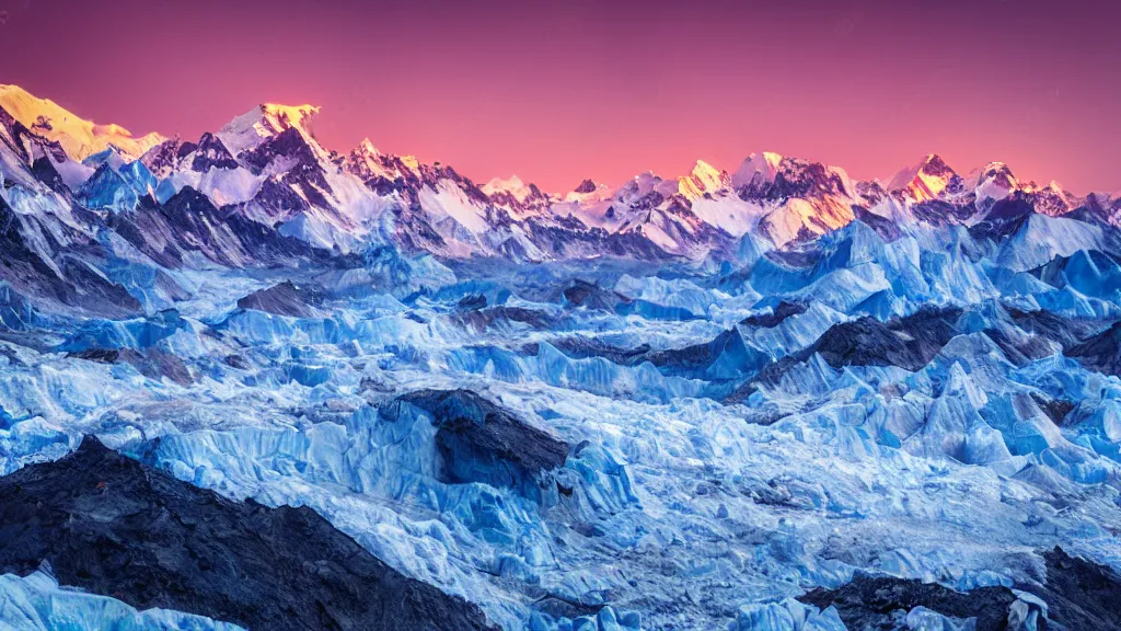 Prompt: sunset moody picture of the Himalayan mountain range with a large WallMart in the middle of the picture located on a glacier, large-format landscape photography