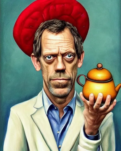 Image similar to hugh laurie with potatoes instead of eyes, wearing a tea pot as a hat, surrealist painting, highly detailed