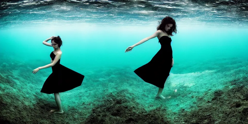 Prompt: deep underwater photography of beautiful model in flat dress by emmanuel lubezki