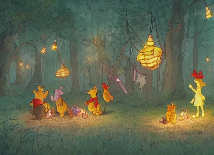 Image similar to concept art of a birthday party in the woods at night with winnie the pooh characters, paper lanterns and fairy lights, detailed, realistic, cel shaded, in the style of makoto shinkai and moebius and peter mohrbacher and james gurney