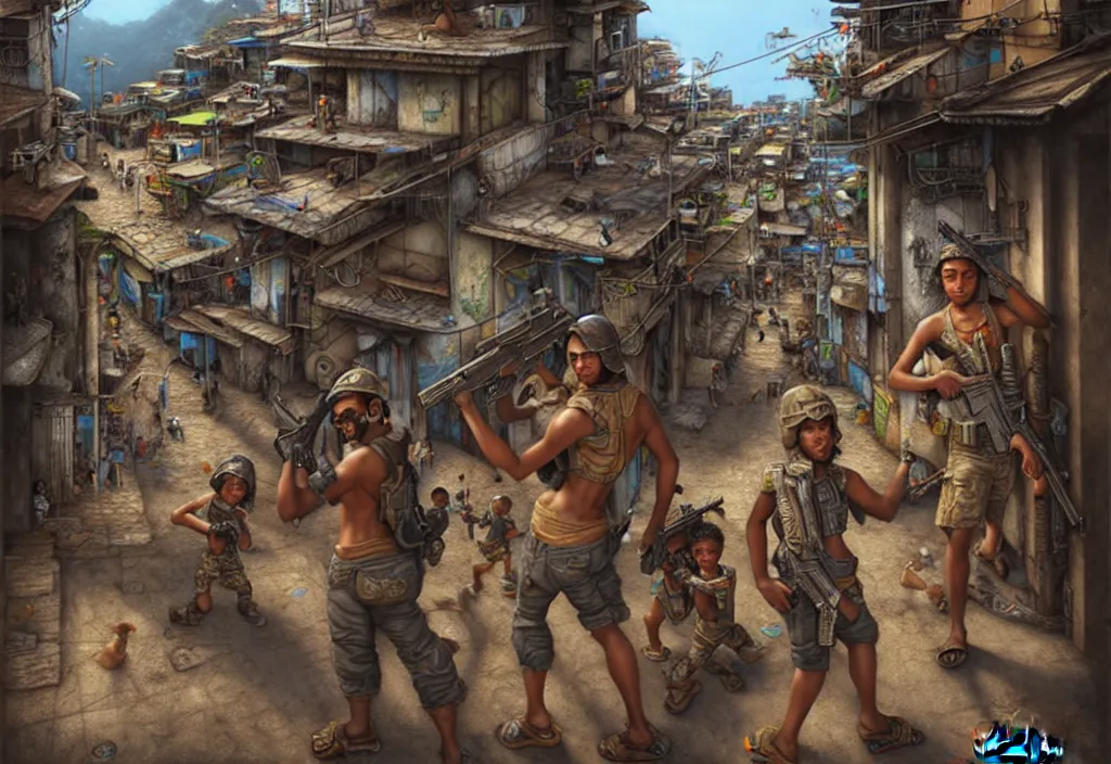 Image similar to photorealistic favela rio with precise rendered guns with intricate details of gun and kids in by Justin Gerard