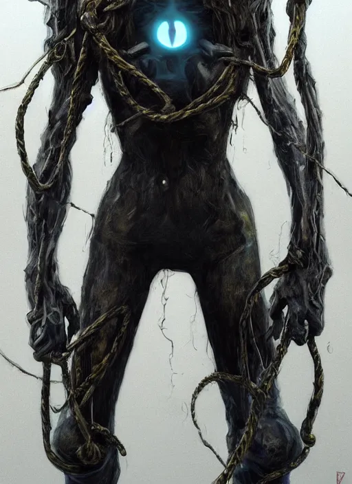 Image similar to full body horror painting of tracer from overwatch, in style of zdzisław beksinski, horror, 4 k, feminine facial features, silhoutte, black, dark, black armor, detailed face, tall, ropes and chains,