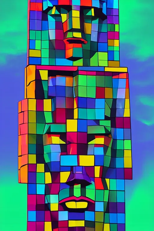 Image similar to cubist moai statue cutout digital illustration cartoon colorful beeple