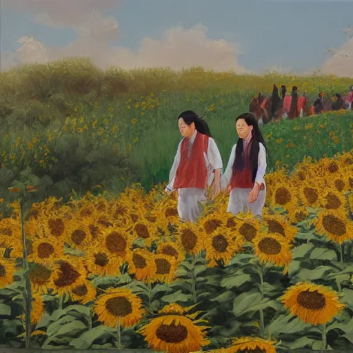 Prompt: hua cheng and xie lian walking through a sunflower field, oil painting, afternoon light