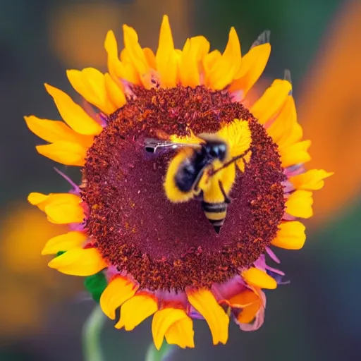 Prompt: a bee landing on a burning yellow flower, the forest is on fire, there is fire everywhere, macro photography