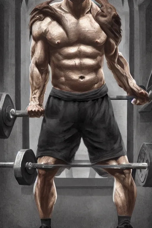 Image similar to highly detailed rendering of Daniel Radcliffe as Harry Potter doing barbell back squats, dingy workout gym, wearing a muscle tee shirt, muscular deep squats, symmetrical, highly detailed, digital painting, artstation, concept art, smooth, sharp focus, illustration, cinematic lighting, art by artgerm and greg rutkowski and alphonse mucha