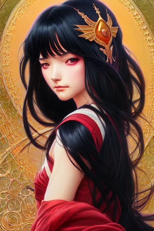 Image similar to a beautiful princess, long black hair and bangs, sailor mars aesthetic, fantasy, intricate, elegant, highly detailed, digital painting, artstation, concept art, matte, sharp focus, illustration, art by Artgerm and Greg Rutkowski and Alphonse Mucha