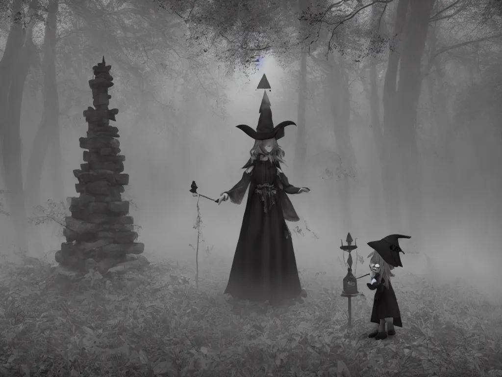 Image similar to cute gothic fumo plush witch girl ventures deep into the forbidden forest, black and white, ancient pagan monument summoning circle, volumetric fog and smoke, the bog of dark abyss, vray