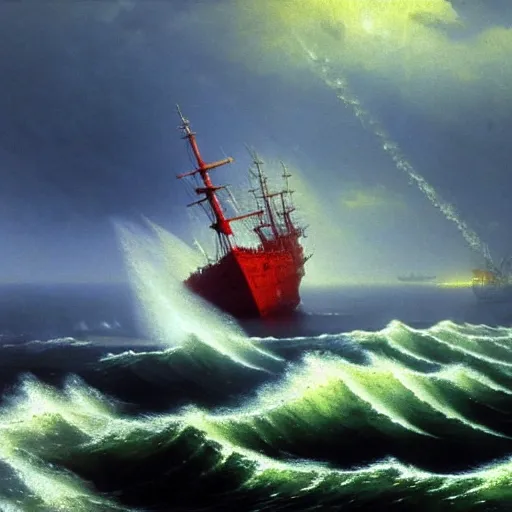 Image similar to bloody ocean, rusted iron ship sinking in red blood ocean, by Ivan Aivazovsky, junji ito, hd 8k