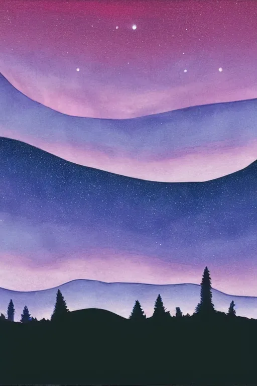 Prompt: matte painting layered night sky. Stars and a swirly starry night moon. pink and purple ombre puffy cotton candy clouds. Dark hills forest silhouette below. Cyril Roland naomi okubo.