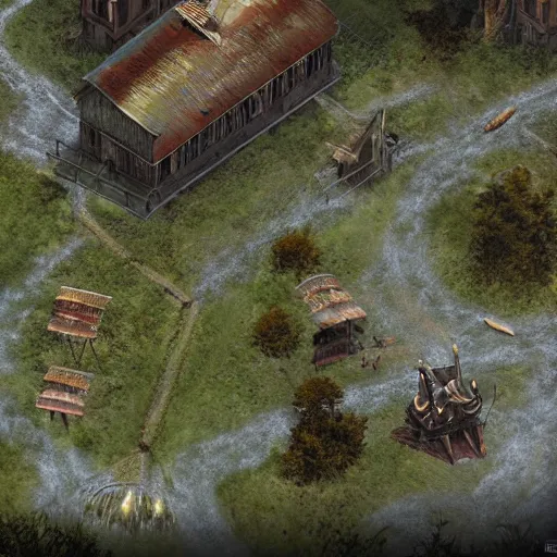 Image similar to screenshot of a beautiful rts game silent hill, overhead view, unreal engine