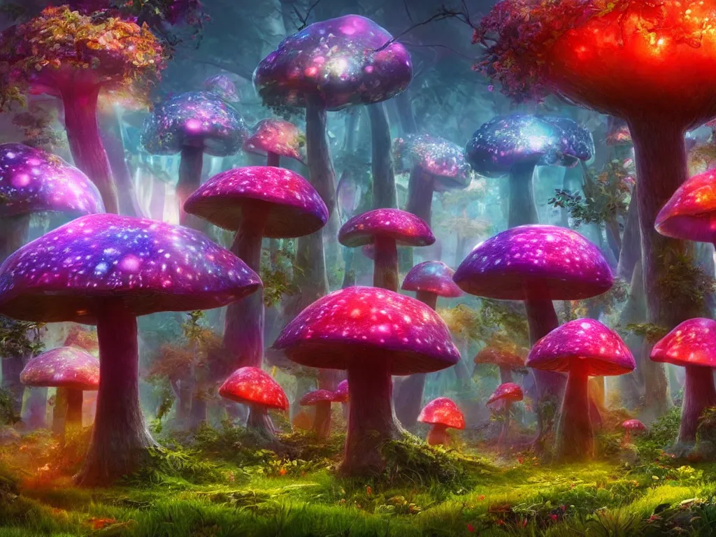 Prompt: a beautiful otherworldly fantasy landscape of giant luminous mushroom trees forming canopies over bright colorful mythical sprouted floral plants on the ground, like alice in wonderland, rendering, cryengine, deep color, vray render, cinema 4 d, cgsociety, bioluminescent