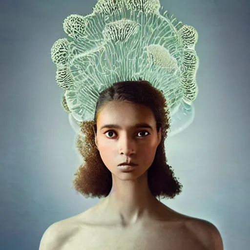 Image similar to a medium shot of a brown woman wearing a luminous armor made of neon jelly fishes. jellyfish eyes. soft lighting. layered. textured. fragile. piercing eyes!! coherent face!! no makeup!! muted colors. by ray caesar. by louise dahl - wolfe. by andrea kowch. surreal photography