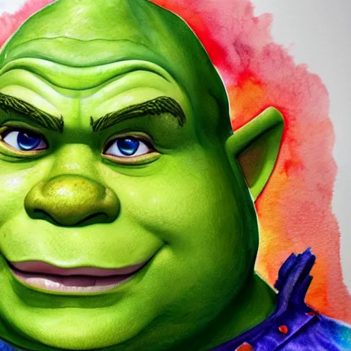 Image similar to water color art on paper, shrek portrait, highly detailed, artstation, masterpiece