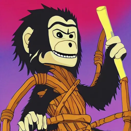 Image similar to Evil genius monkey, carpenter by trade, tool belt, hammer, in the style of Kubo And The Two Strings
