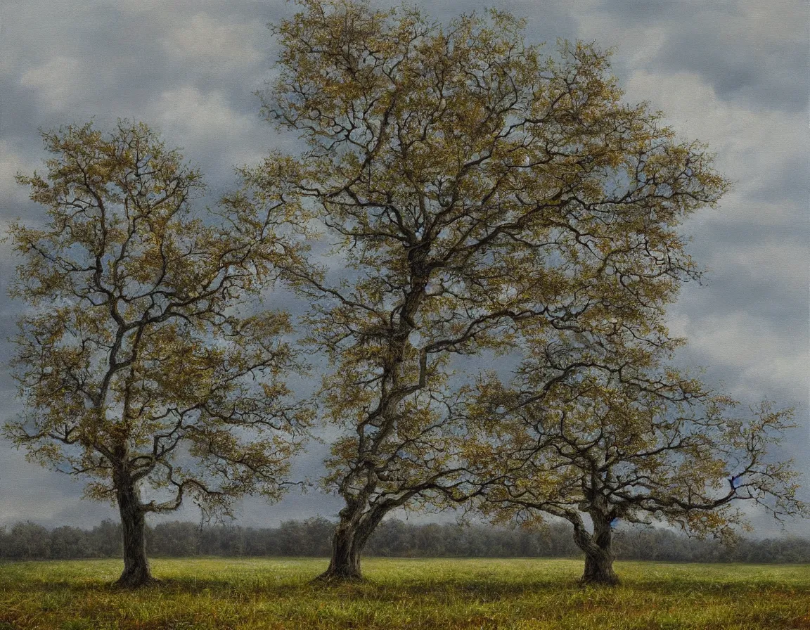 Image similar to hyper realistic oil painting of lonely oak tree, hd, hdr, by stanisław wyspianski, ultra detailed, high resolution