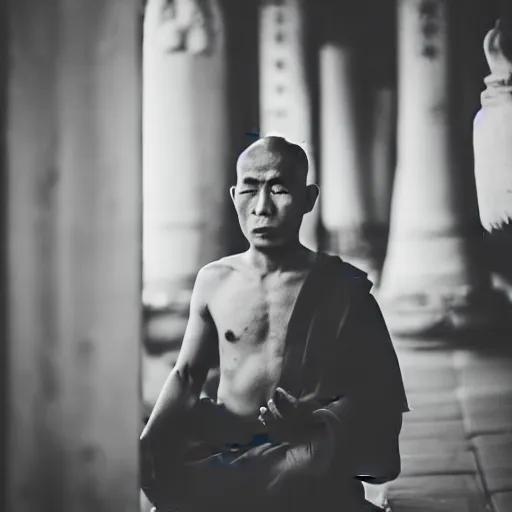 Prompt: Higj quality photo of a monk in a blissfull temple, 50 mm, Canon Mark II