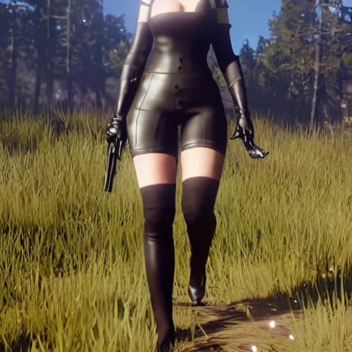 Image similar to Film still of 2B nier automata wearing skintight clothes in a field, from Red Dead Redemption 2 (2018 video game), trending on artstation, artstationHD, artstationHQ