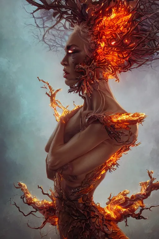 Image similar to torso closeup model wearing exploding fire crystal dress, rotten tree spirit dryad with a beautiful face, sorcerer, diamonds, angel, fantasy, dramatic lighting, highly detailed, digital painting, holding electricity, magic the gathering, hyper detailed, 3 d render, hyper realistic detailed portrait, peter mohrbacher, wlop, ruan jia