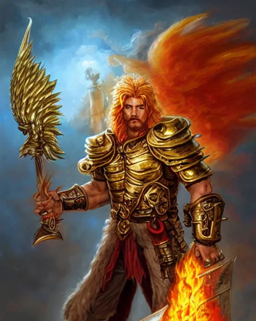 Prompt: dnd character portrait of a brawny male leonin warrior lion angel of justice, with fiery golden wings of flame, wearing shining armor, wielding a flaming sword and holding a large fiery shield, by peter mohrbacher, mark brooks, jim burns, wadim kashin, greg rutkowski, larry elmore, esao andrews, trending on artstation
