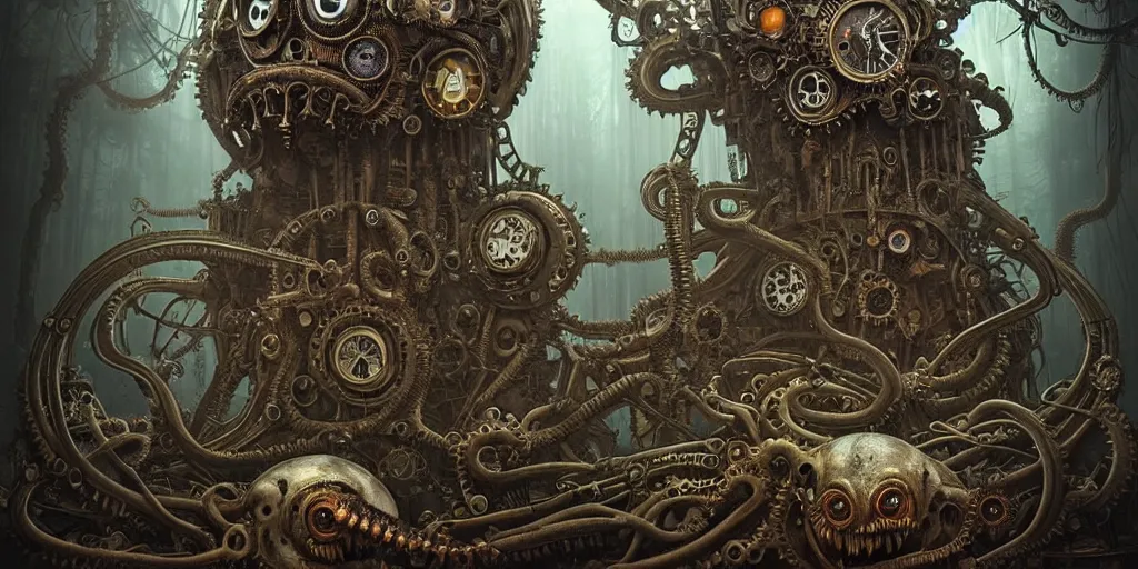 Image similar to biomechanical steampunk creature with robotic parts and big octopus head and (glowing) eyes guarding an ancient chest in a mystic forest, gothic and baroque, brutalist architecture, ultradetailed, creepy ambiance, artgerm, giger, Intricate by Ellen Jewett and Josan Gonzalez and Giuseppe Arcimboldo