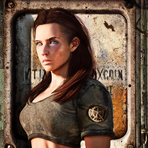 Image similar to fallout 5, charismatic beautiful rugged brunette female protagonist, portrait, outdoors in front of the entrance to vault 1 5 6, atmospheric lighting, painted, intricate, volumetric lighting, beautiful, daytime, sunny weather, slight overcast, sharp focus, deep colours, ultra detailed, by leesha hannigan, ross tran, thierry doizon, kai carpenter, ignacio fernandez rios