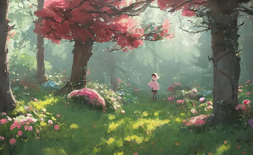 Prompt: cute cozy floral forest game by atey ghailan and michael garmash, plein air