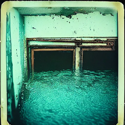 Image similar to a rusty bedframe, dark, murky water, underwater, old polaroid, expired film,