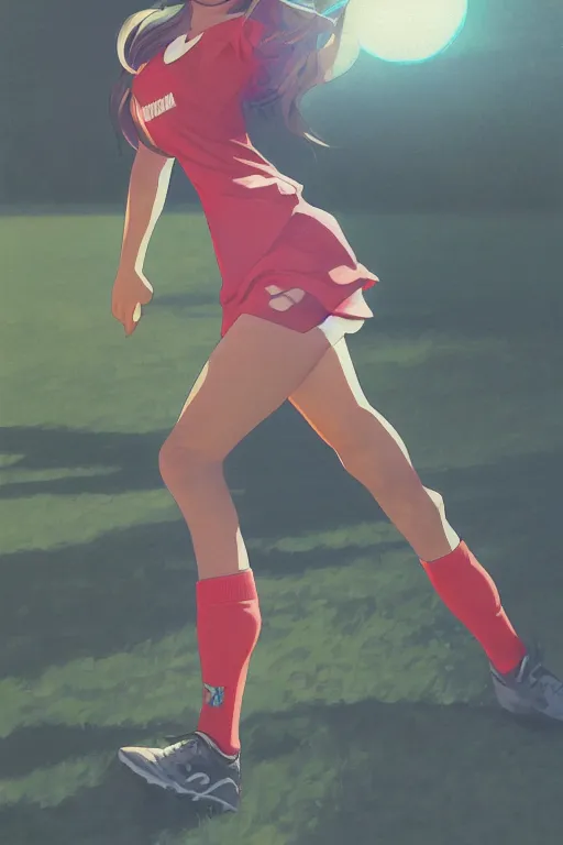 Image similar to a girl playing soccer, full shot, fine - face, realistic shaded perfect body, fine details. night setting. very anime style. realistic shaded lighting poster by ilya kuvshinov katsuhiro, magali villeneuve, artgerm, jeremy lipkin and michael garmash, rob rey and kentaro miura style, trending on art station