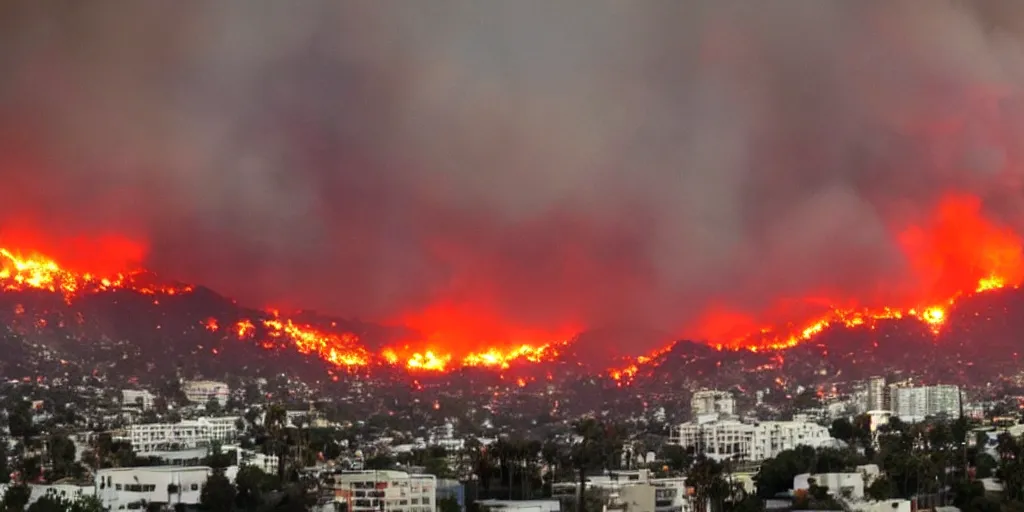 Prompt: apocalyptic fire raining upon hollywood, burning landmark