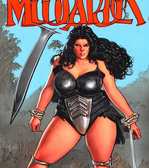 Prompt: 1 9 8 0 s fantasy novel book cover, bbw plus size amazonian young julie bowen in extremely tight bikini armor wielding a cartoonishly large sword, exaggerated body features, dark and smoky background, low quality print