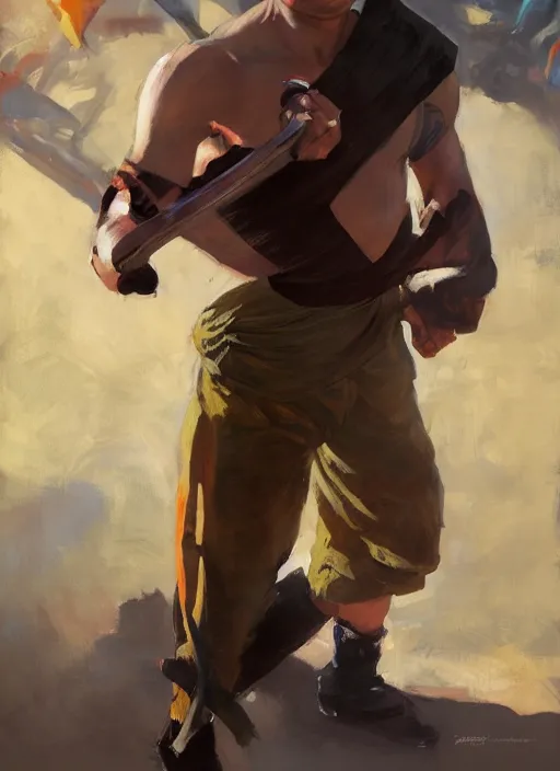 Image similar to greg manchess side portrait of a filipino mma fighter with a sword standing in front of a tank, organic painting, sunny day, matte painting, bold shapes, hard edges, street art, trending on artstation, by huang guangjian, gil elvgren, ruan jia, randy vargas, greg rutkowski