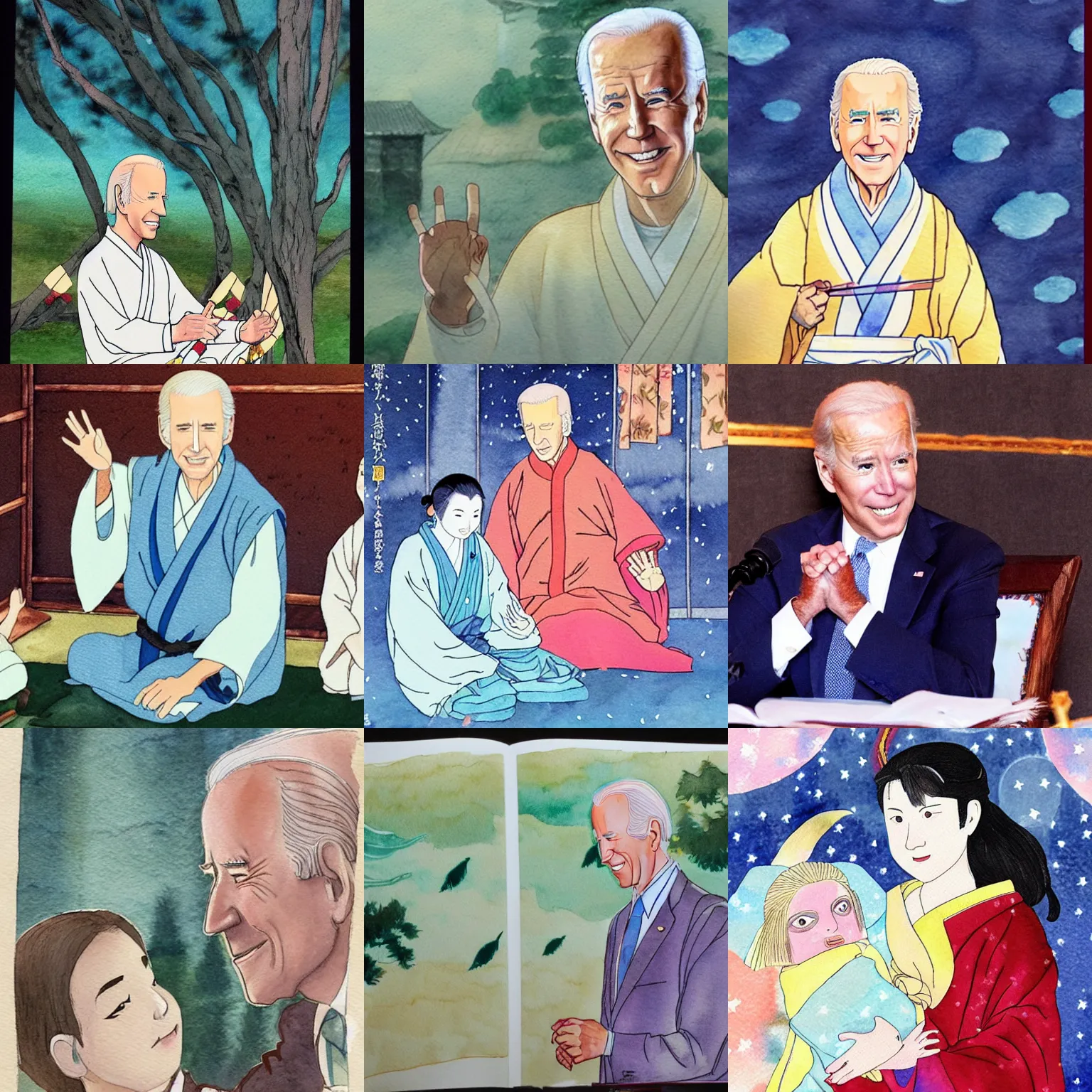 Prompt: joe biden in the tale of princess kaguya ( 2 0 1 3 ), beautiful, bright, wholesome, watercolor