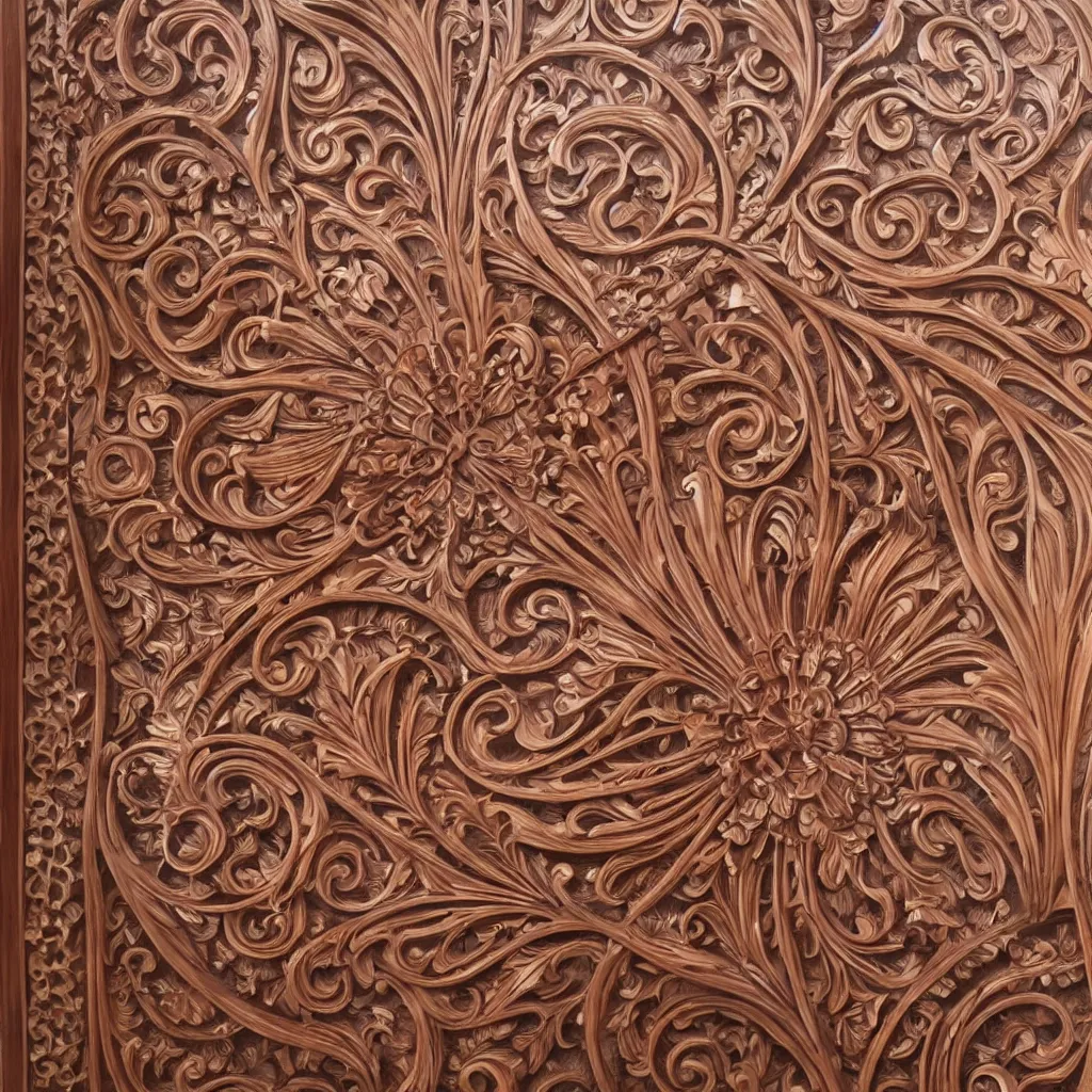 Prompt: a 3 d wooden mahogany art nouveau carved sculpture of a delicate multi - layer tracery pattern, intricate and highly detailed, well - lit, ornate, realistic, polished with visible wood grain