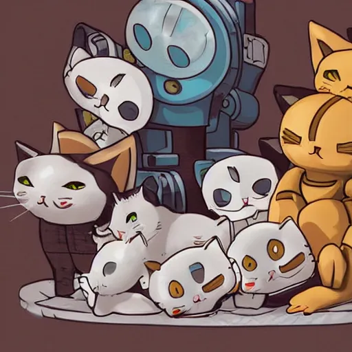 Image similar to a robot cuddling kittens, anime