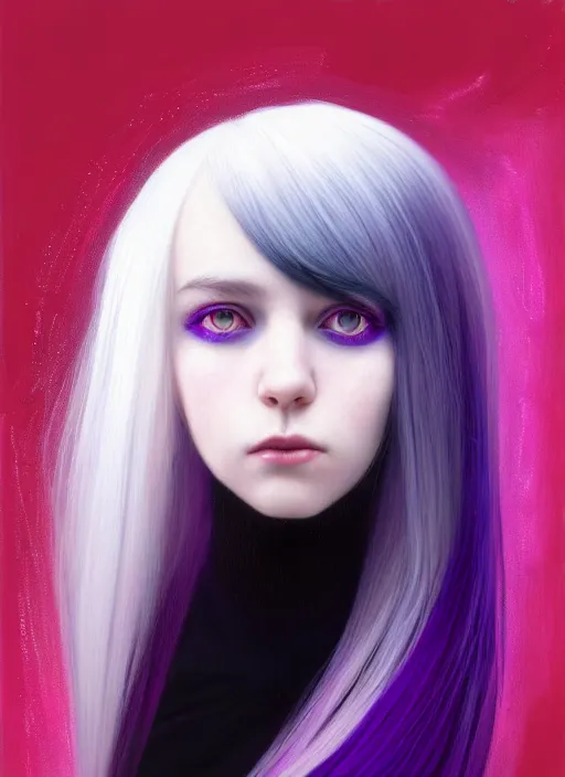 Image similar to hair blackbangs hair, white hair, blackbangs, portrait of teenage girl with white hair, red irises, purple clothes, black bangs, bangs are different color from hair, intricate, elegant, glowing lights, highly detailed, digital painting, artstation, concept art, smooth, sharp focus, illustration, art by wlop, mars ravelo and greg rutkowski