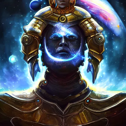 Image similar to photorealistic fantasy cosmic concept art of a cosmic god with armor made out of planets and dark matter, hovering in a unknown galaxy, fully body portrait, cinematic, dynamic lighting, ultra detailed, creative, trending on art station, stunning visuals, creative