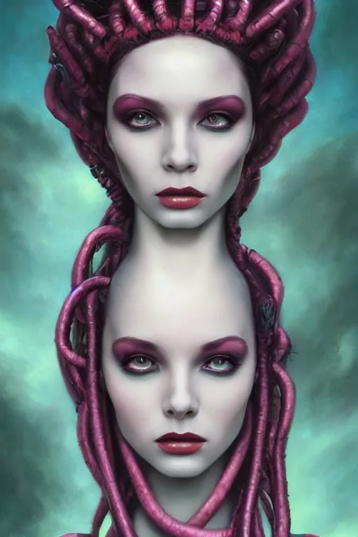 Image similar to portrait of an elegant alien woman queen with long floating snake dreads, straight on portrait, by artgerm, tom bagshaw, gerald brom, vaporwave colors, lo - fi colors, vaporwave, lo - fi, moody vibe, goth vibe, 4 k, hd,